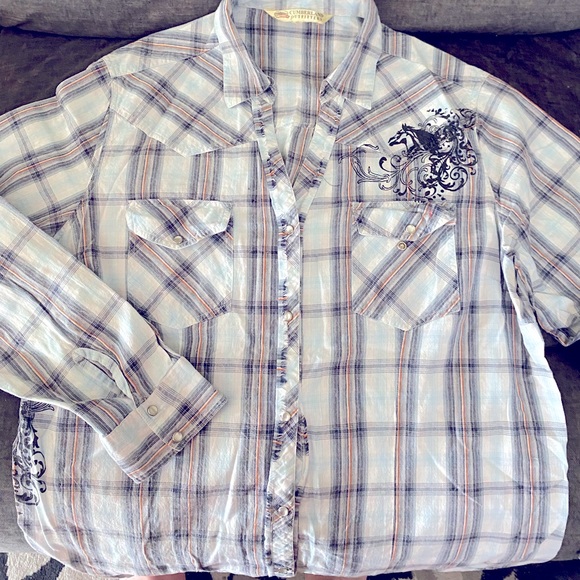Cumberland Outfitters Tops - Blue plaid with horse